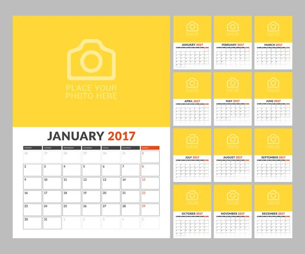 Modelo de calendário para 2017 Ano. Ilustração vetorial. Semana começa na segunda-feira —  Vetores de Stock