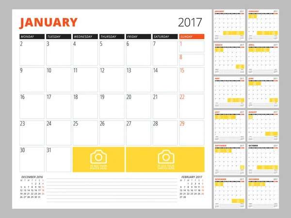 Kalendersjabloon voor 2017 jaar. Vectorillustratie. Week begint op maandag — Stockvector