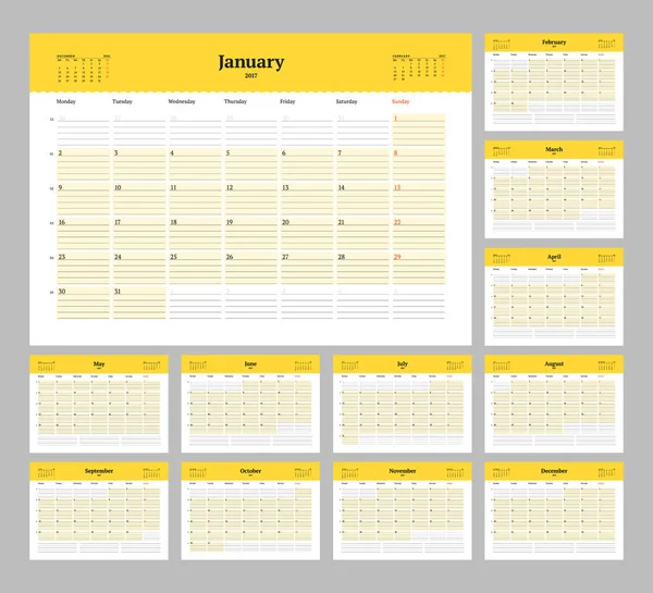 Šablona kalendáře na rok 2017. Vektorové ilustrace. Týden začíná v pondělí — Stockový vektor