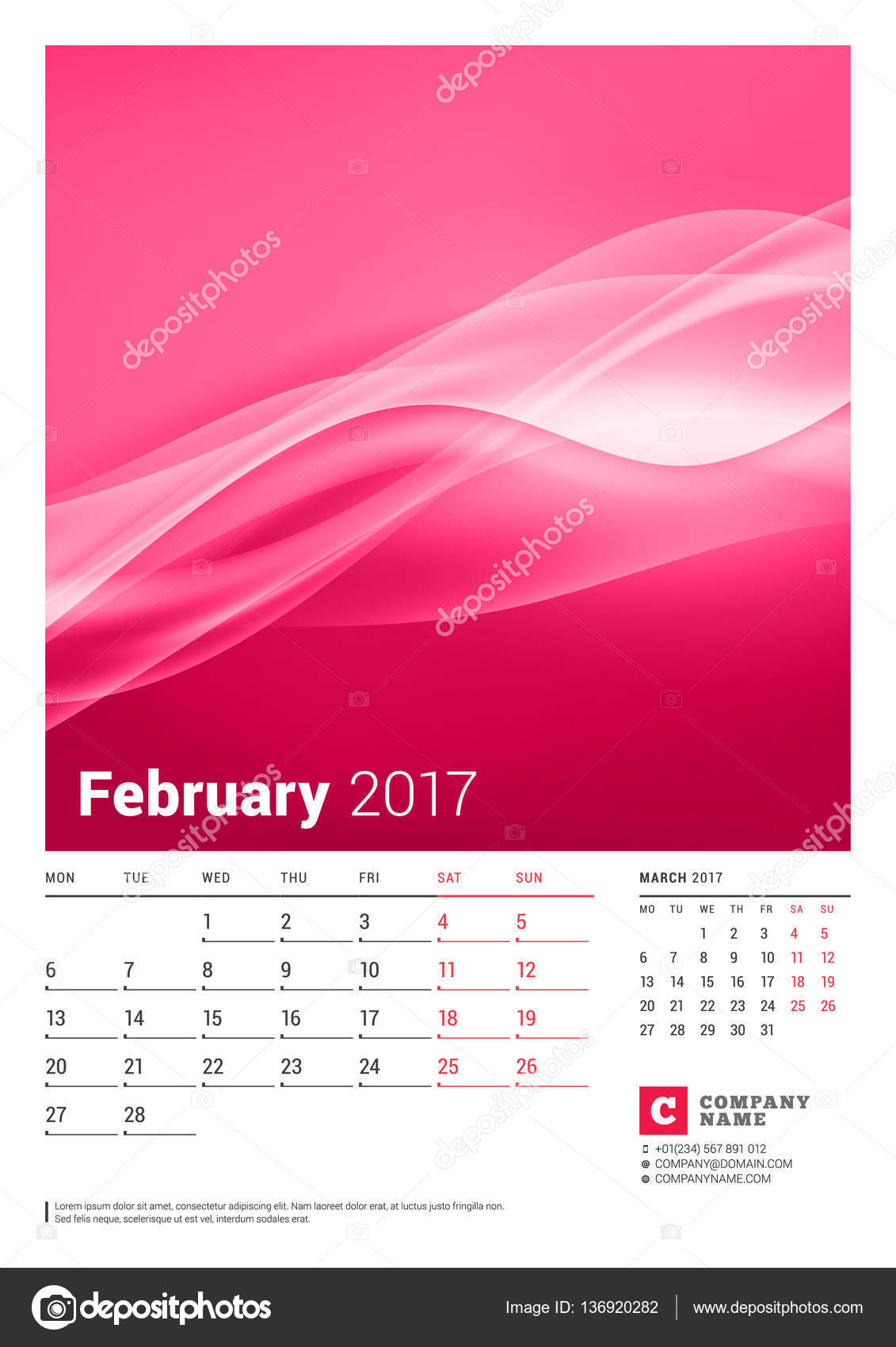 February 2017. Wall Monthly Calendar for 2017 Year. Vector Design Print