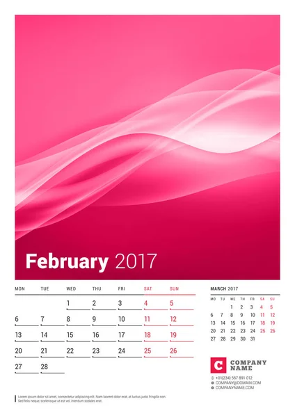 Февраль 2017 года. Ежемесячный календарь на 2017 год. Шаблон для печати векторного дизайна с местом для фотографии. Начинается в понедельник. 2 месяца на странице — стоковый вектор