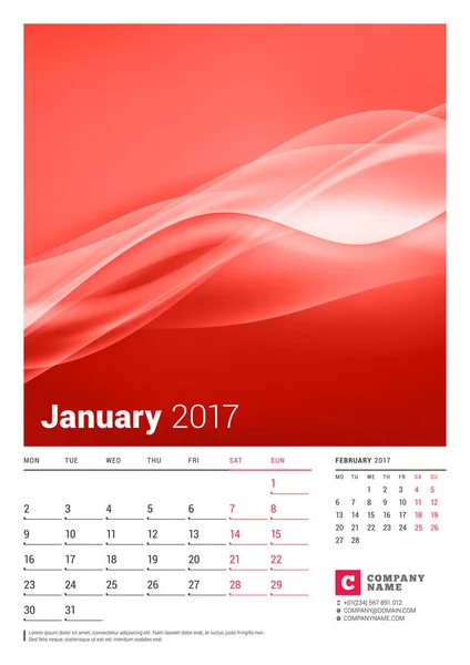 Janvier 2017. Calendrier mensuel mural pour 2017 Année. Modèle d'impression vectoriel avec place pour la photo. La semaine commence lundi. 2 mois sur la page — Image vectorielle
