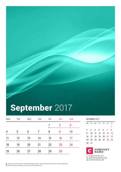 Września 2017 r. Miesięczny Kalendarz ścienny na rok 2017. Wektor wzór wydruku szablonu z miejscem na zdjęcie. Tydzień zaczyna się od poniedziałku. 2 miesięcy na stronie — Wektor stockowy