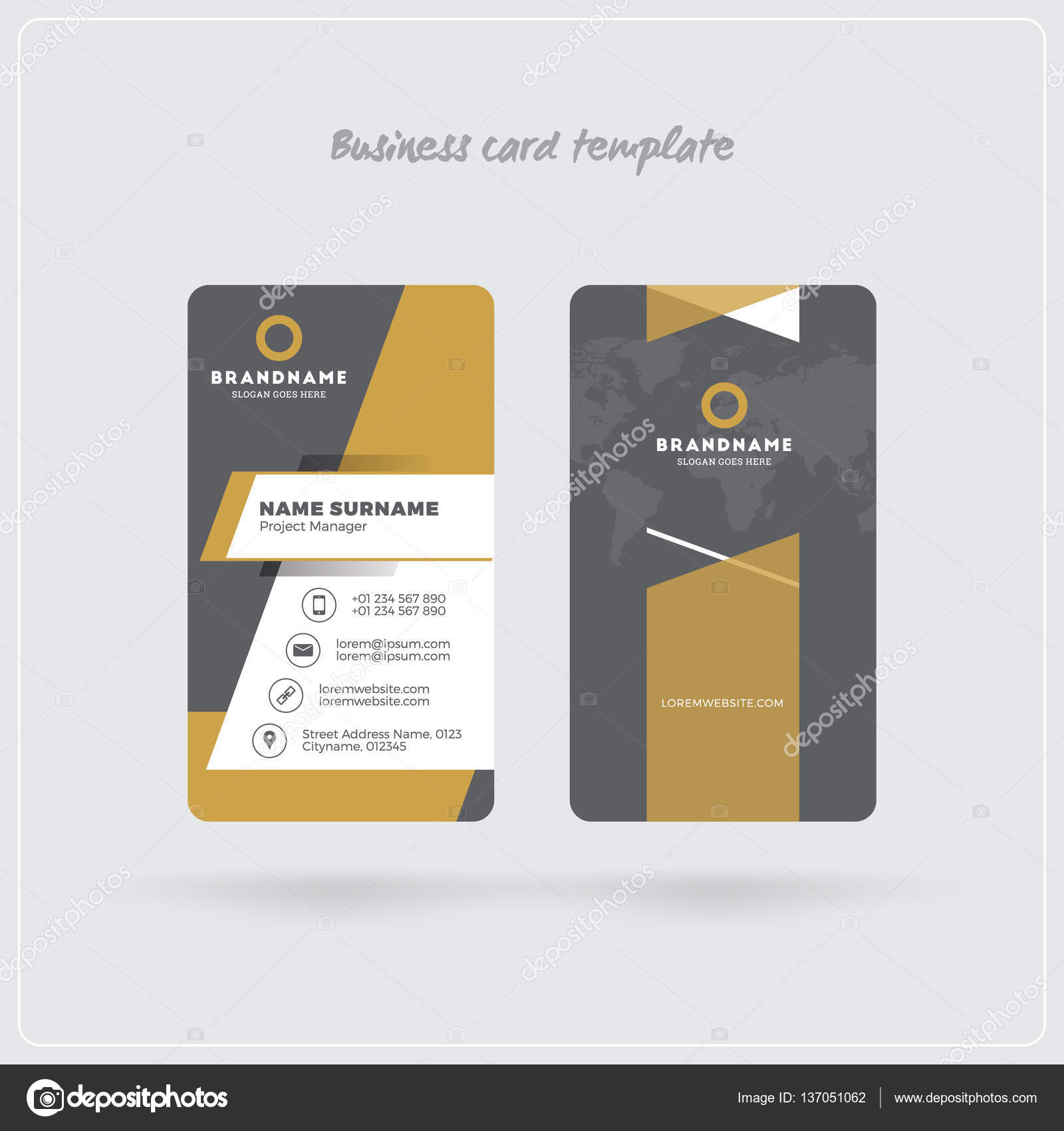 Download Golden And Gray Vertical Business Card Print Template Double Sided Personal Visiting Card With Company Logo Clean Flat Design Rounded Corners Vector Illustration Business Card Mockup With Shadows Stock Vector Royalty Free Vector