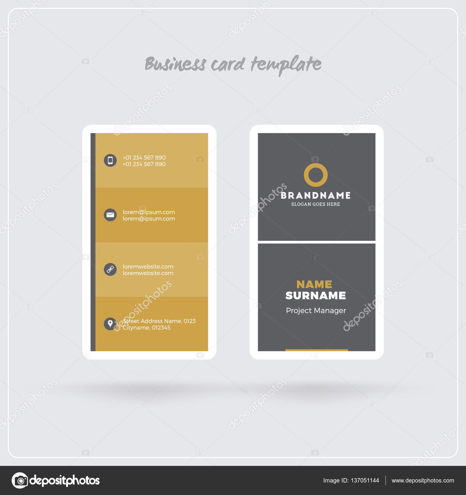 Download Golden And Gray Vertical Business Card Print Template Double Sided Personal Visiting Card With Company Logo Clean Flat Design Rounded Corners Vector Illustration Business Card Mockup With Shadows Stock Vector Royalty Free Vector