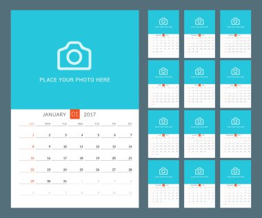 Takvim şablonu 2017 yıl için. Vektör çizim. Hafta Pazar günü başlar