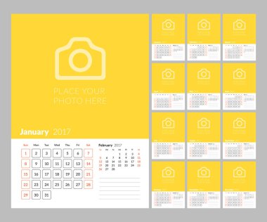 Takvim şablonu 2017 yıl için. Vektör çizim. Hafta Pazar günü başlar