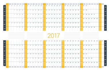 Takvim şablonu 2017 yıl için. Vektör çizim. Hafta Pazar günü başlar