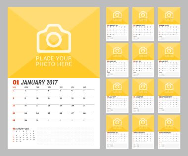 Takvim şablonu 2017 yıl için. Vektör çizim. Hafta Pazar günü başlar