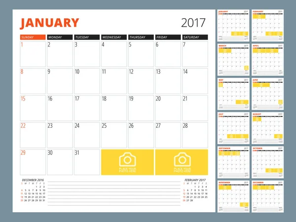 Templat Kalender untuk Tahun 2017. Vector Illustration. Minggu dimulai pada hari Minggu - Stok Vektor