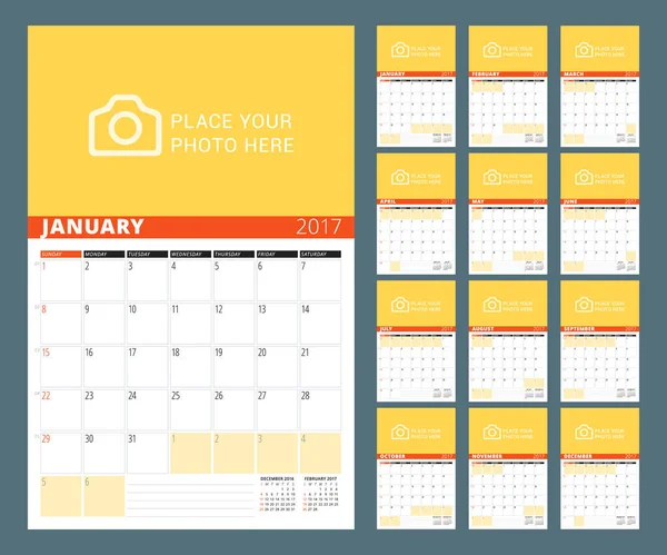 Modèle de calendrier pour 2017 Année. Illustration vectorielle. La semaine commence le dimanche — Image vectorielle
