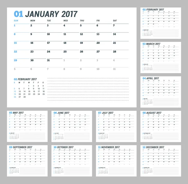 Kalendermall för 2017 år. Vektorillustration. Veckan börjar på söndag — Stock vektor
