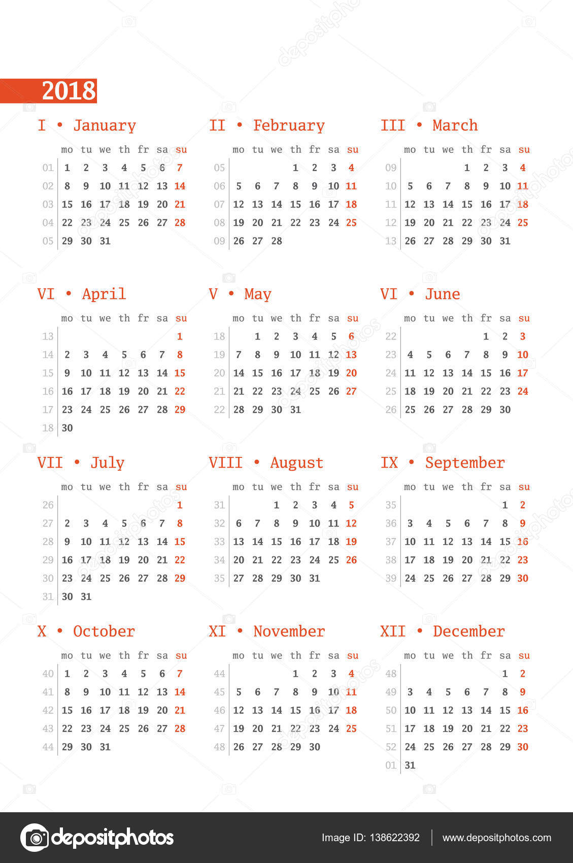 kalender voor 2018 jaar met weeknummers op witte achtergrond. print