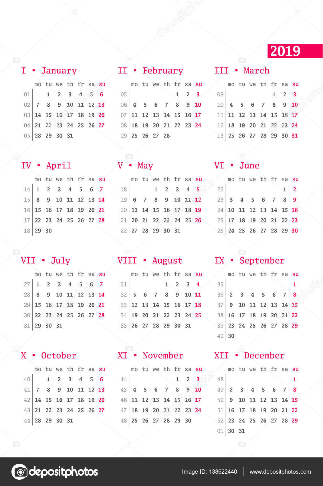 Calendar For 2019 Year With Week Numbers On White Background Vector Design Print Template Week Starts Monday Stationery Design Vector Image By C Mikhailmorosin Vector Stock 138622440