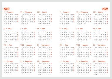 Beyaz arka plan üzerinde 2018 ve 2019 yıl için takvim. Vektör tasarım yazdırma şablonu. Hafta Pazartesi başlıyor. İleti örneği tasarım