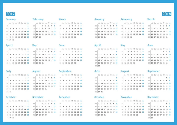 Calendrier 2017 et 2018 année sur fond blanc. Modèle d'impression vectoriel. La semaine commence lundi. Conception de papeterie — Image vectorielle