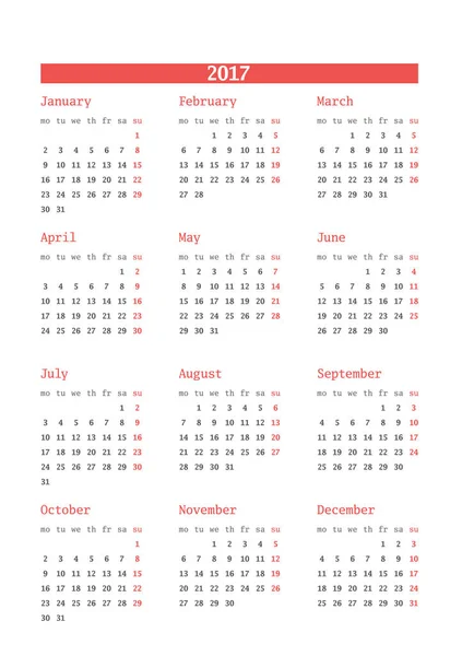 Kalender voor 2017 jaar op witte achtergrond. Print ontwerpsjabloon vector. Week begint op maandag. Briefpapierontwerp — Stockvector