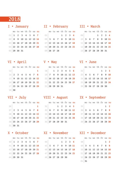 Kalendarz na rok 2018 z numery tygodni na białym tle. Wektor szablon wydruku projektu. Tydzień rozpoczyna się w poniedziałek. Projektowanie papeterii — Wektor stockowy