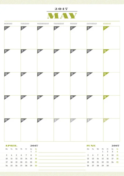 Kalendersjabloon voor 2017 jaar. Mei. Business Planner sjabloon. — Stockvector