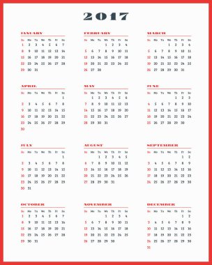 Beyaz arka plan üzerinde 2017 yıl için takvim. Vektör tasarım yazdırma şablonu. Haftası Pazar günü başlar. İleti örneği tasarım