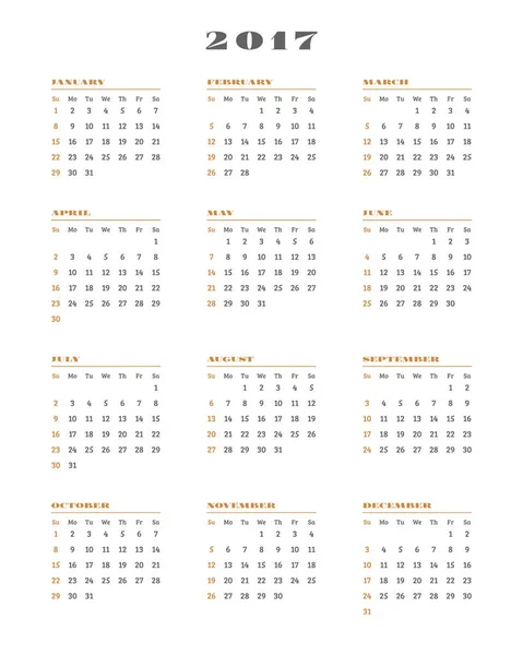 Kalendarz na rok 2017 na białym tle. Wektor szablon wydruku projektu. Tydzień rozpoczyna się w niedzielę. Projektowanie papeterii — Wektor stockowy