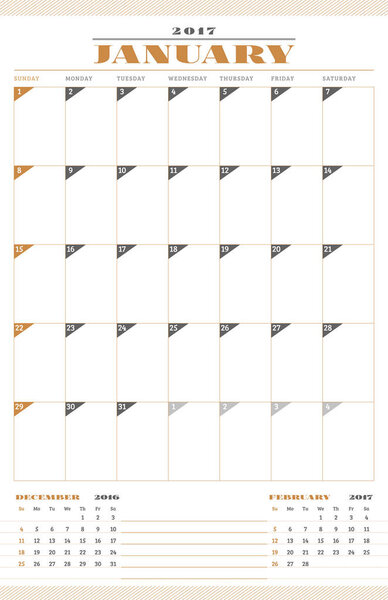 Calendar Template for 2017 Year. January. Retro Business Planner Template. Stationery Design. Week starts Sunday. 3 Months on the Page. Vector Illustration