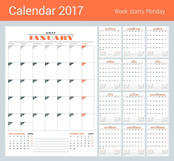 Takvim şablonu 2017 yıl için. 12 ay kümesi. İş planlayıcısı şablonu. İleti örneği tasarımı. Hafta Pazartesi başlıyor. 3 ay sayfasında. Vektör çizim — Stok Vektör