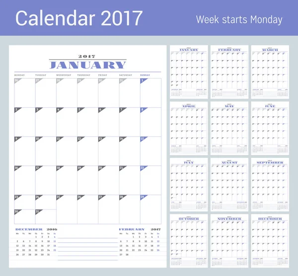 Takvim şablonu 2017 yıl için. 12 ay kümesi. İş planlayıcısı şablonu. İleti örneği tasarımı. Hafta Pazartesi başlıyor. 3 ay sayfasında. Vektör çizim — Stok Vektör