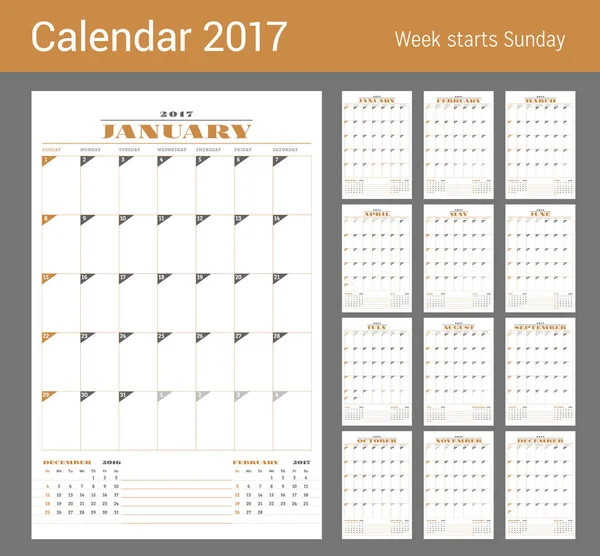 Takvim şablonu 2017 yıl için. 12 ay kümesi. İş planlayıcısı şablonu. İleti örneği tasarımı. Haftası Pazar günü başlar. 3 ay sayfasında. Vektör çizim — Stok Vektör