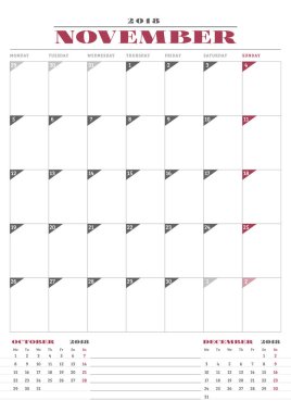 2018 yıl için takvim planlayıcısı şablonu. Kasım. İş ileti örneği tasarımı. Hafta Pazartesi başlıyor. 3 ay sayfasında. Vektör çizim