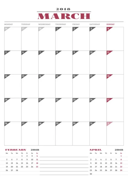 Planner kalendarz szablon do 2018 roku. Marca. Papeterii biznesowej. Tydzień rozpoczyna się w poniedziałek. 3 miesięcy na stronie. Ilustracja wektorowa — Wektor stockowy