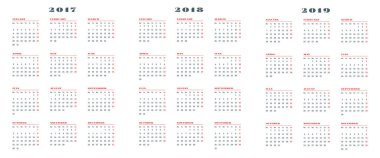 2018, 2019 yıl takvimleri 2017, kümesi. Hafta Pazartesi başlıyor. Vektör çizim