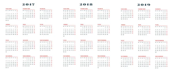 2018, 2019 yıl takvimleri 2017, kümesi. Hafta Pazartesi başlıyor. Vektör çizim