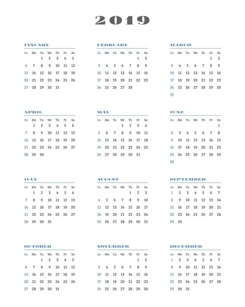 Kalender für 2019 Jahr. Die Woche beginnt am Sonntag. Vektorillustration — Stockvektor