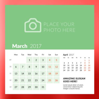 Takvim şablonu Şubat 2017. Hafta başlıyor Pazartesi. Tasarım yazdırma şablonu. Vektör illüstrasyon renk arka plan üzerinde izole