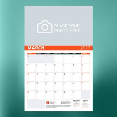 Takvim şablonu Şubat 2017. Hafta başlıyor Pazartesi. Tasarım yazdırma şablonu. Vektör illüstrasyon renk arka plan üzerinde izole