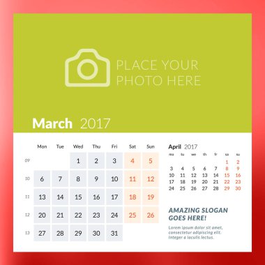 Takvim şablonu Şubat 2017. Hafta başlıyor Pazartesi. Tasarım yazdırma şablonu. Vektör illüstrasyon renk arka plan üzerinde izole