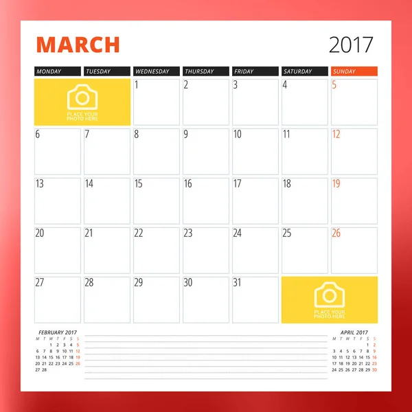 Templat Kalender untuk Maret 2017. Minggu dimulai hari Senin. Templat Desain. Ilustrasi Vektor Terisolasi di Latar Belakang Warna - Stok Vektor