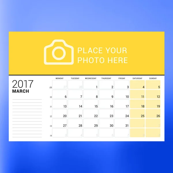 Calendar Template for March 2017. Week Starts Monday. Design Print Template. Vector Illustration Isolated on Color Background — Stock Vector