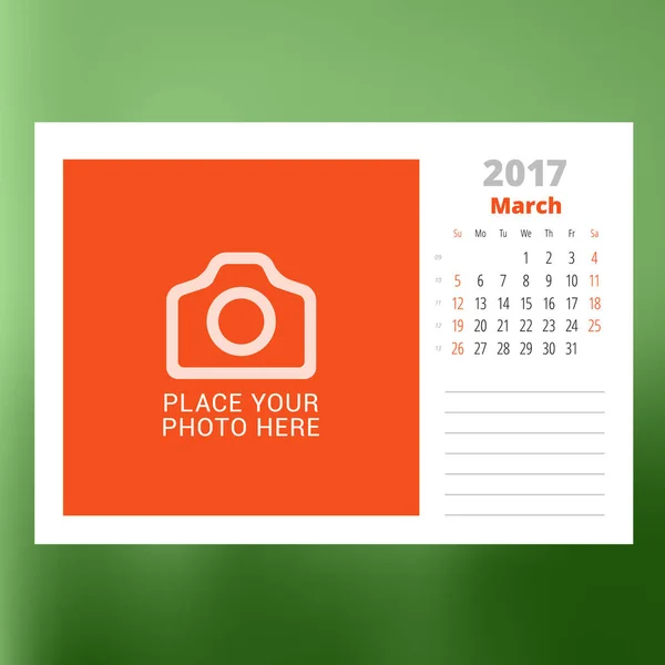 Kalendervorlage für März 2017. Woche beginnt Sonntag. Design Druckvorlage. Vektor-Illustration isoliert auf farbigem Hintergrund — Stockvektor