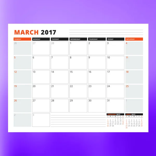 Plantilla de calendario para marzo de 2017. La semana empieza el domingo. Plantilla de impresión de diseño. Ilustración vectorial aislada sobre fondo de color — Vector de stock