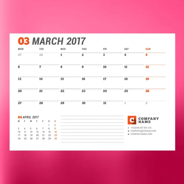 2017 年 3 月のカレンダー テンプレートです。月曜始まり。デザイン印刷のテンプレートです。ベクトル図の背景の色に分離 — ストックベクタ
