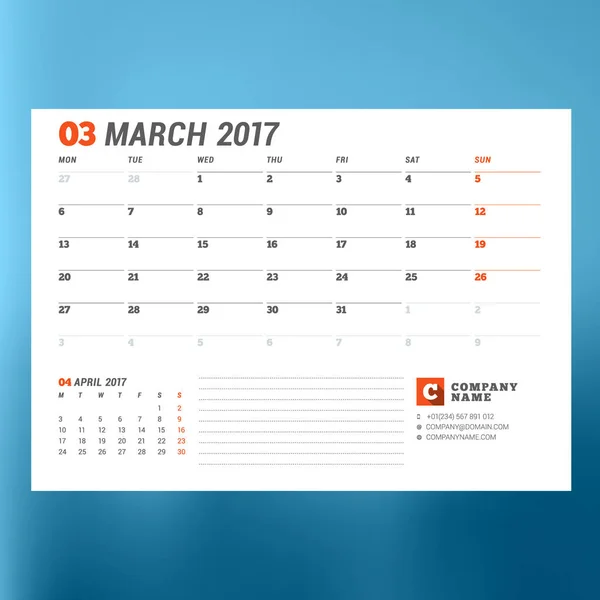Šablona kalendáře pro březen 2017. Začátek týdne pondělí. Tiskové šablony návrhu. Vektorové ilustrace izolované na barvu pozadí — Stockový vektor