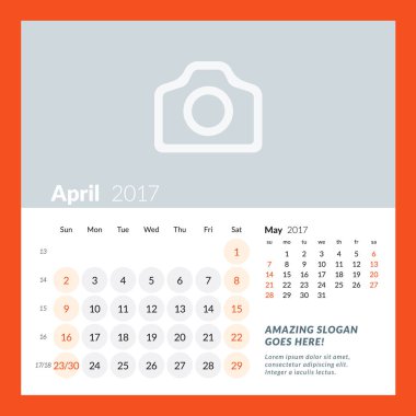 Takvim şablonu Nisan 2017. Hafta başlar Pazar. Tasarım yazdırma şablonu. Vektör illüstrasyon izole