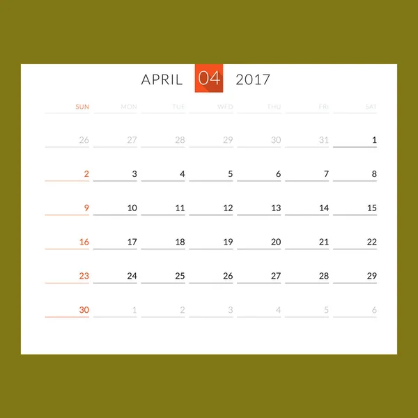 Modèle de calendrier pour avril 2017. La semaine commence dimanche. Modèle d'impression de conception. Illustration vectorielle Isolé — Image vectorielle