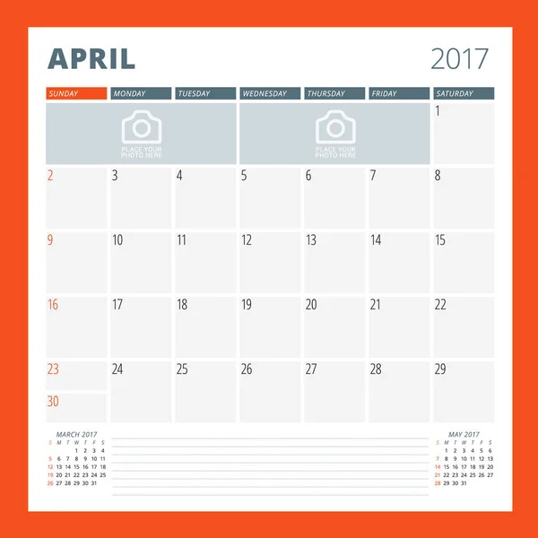 Modelo de calendário para abril de 2017. A semana começa no domingo. Modelo de impressão de design. Ilustração vetorial Isolada —  Vetores de Stock