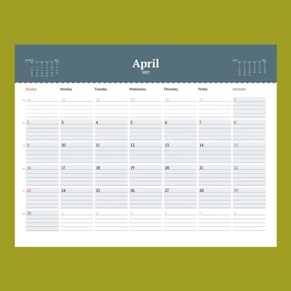 Modelo de calendário para abril de 2017. A semana começa no domingo. Modelo de impressão de design. Ilustração vetorial Isolada —  Vetores de Stock
