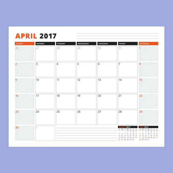 Modèle de calendrier pour avril 2017. La semaine commence dimanche. Modèle d'impression de conception. Illustration vectorielle Isolé — Image vectorielle