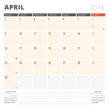 Nisan 2018 için takvim planlayıcısı. Tasarım şablonu. Hafta Pazartesi günü başlar. 3 ay sayfasında. Ayın Evreleri.