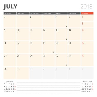 Mayıs 2018 için takvim planlayıcısı. Tasarım şablonu. Hafta Pazartesi günü başlar. 3 ay sayfasında. Ayın Evreleri.